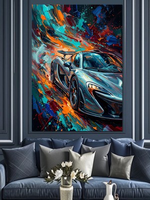 Karizma Tablo Renkli Boya Patlamalı Yarış Arabası Dekoratif Kanvas - Mdf Ahşap Tablo