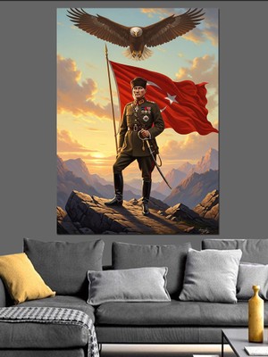 Karizma Tablo Bayraklı Kartal ve Atatürk Dekoratif Kanvas - Mdf Ahşap Tablo
