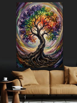 Karizma Tablo Rengarenk Yapraklı Hayat Ağacı Tasarımı Dekoratif Kanvas - Mdf Ahşap Tablo