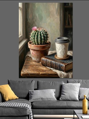 Tablomega Pencere Kenarında Kaktüs ve Kahve Dekoratif Kanvas - Mdf Ahşap Tablo