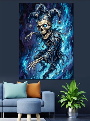 Karizma Tablo Mavi Alevli Korkunç Palyaço Dekoratif Kanvas - Mdf Ahşap Tablo