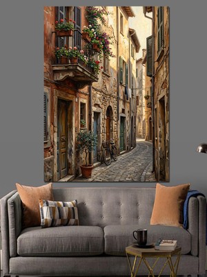 Karizma Tablo Çiçekli Balkonlu Eski Şehir Sokağı Dekoratif Kanvas - Mdf Ahşap Tablo