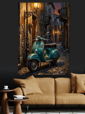 Karizma Tablo Gece Sokağında Işıltılı Turkuaz Skuter Dekoratif Kanvas - Mdf Ahşap Tablo