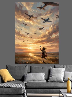 Tablomega Gün Batımında Uçan Savaş Uçakları Dekoratif Kanvas - Mdf Ahşap Tablo