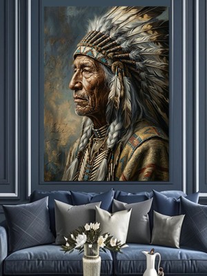 Karizma Tablo Geleneksel Başlıklı Bilge Kızılderili Reisi Dekoratif Kanvas - Mdf Ahşap Tablo