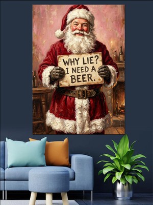 Karizma Tablo Bira Isteyen Komik Noel Baba Dekoratif Kanvas - Mdf Ahşap Tablo