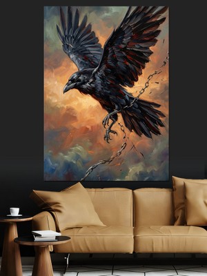 Karizma Tablo Kanatlarını Açmış Uçan Siyah Kuzgun Dekoratif Kanvas - Mdf Ahşap Tablo