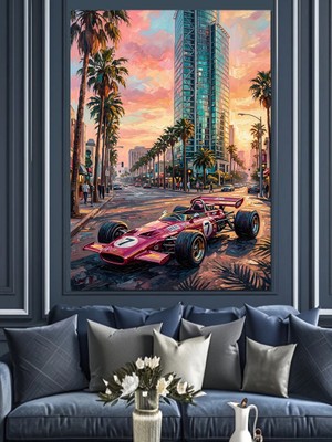 Tablomega Şehirde Yarışan Kırmızı Spor Araba Dekoratif Kanvas - Mdf Ahşap Tablo