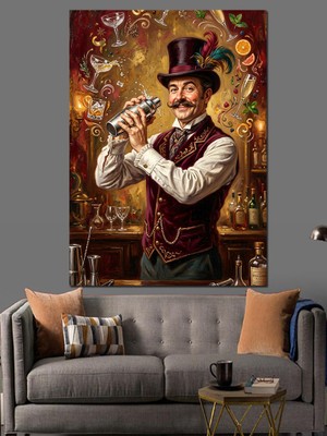 Karizma Tablo Şık Giyimli ve Kokteyl Hazırlayan Barmen Dekoratif Kanvas - Mdf Ahşap Tablo