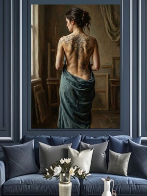 Karizma Tablo Çıplak Sırtlı ve Dövmeli Kadın Dekoratif Kanvas - Mdf Ahşap Tablo