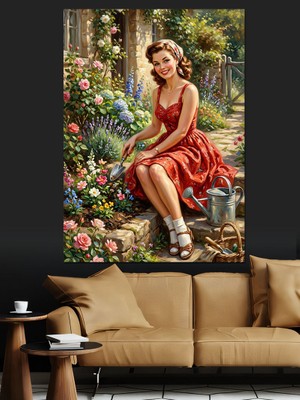 Karizma Tablo Kırmızı Elbiseli ve Çiçekli Kadın Dekoratif Kanvas - Mdf Ahşap Tablo