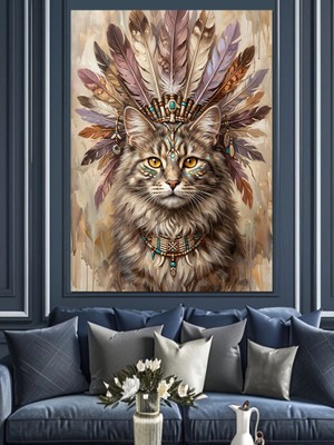 Tablomega Tüylü Taç Takmış Kedi Portresi Dekoratif Kanvas - Mdf Ahşap Tablo
