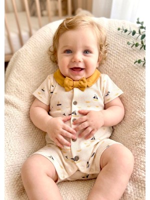 Beren %100 Pamuk Yazlık Erkek Bebek Gemi Desenli Esnek Waffle Kumaş Çıkarılabilir Papyonlu Tulum