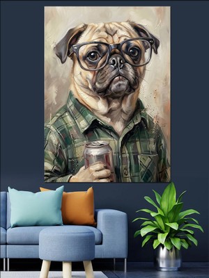Karizma Tablo Gözlüklü ve Modern Pug Köpeği Dekoratif Kanvas - Mdf Ahşap Tablo