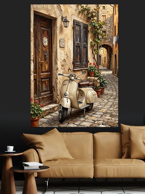 Karizma Tablo Italyan Sokağında Park Etmiş Motosiklet Dekoratif Kanvas - Mdf Ahşap Tablo