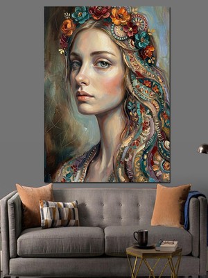Tablomega Çiçekli Taç Takan Zarif Kadın Dekoratif Kanvas - Mdf Ahşap Tablo