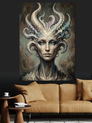Karizma Tablo Boynuzlu ve Mistik Kadın Büstü Dekoratif Kanvas - Mdf Ahşap Tablo