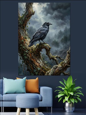 Tablomega Kuru Dal Üzerinde Duran Kuzgun Dekoratif Kanvas - Mdf Ahşap Tablo