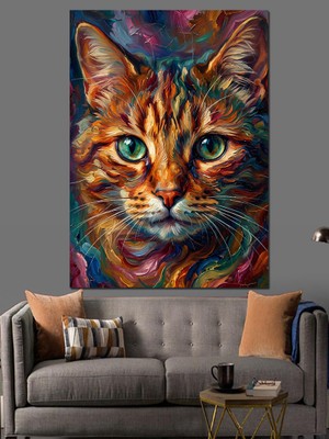 Karizma Tablo Renkli Fırça Darbeli Kedi Dekoratif Kanvas - Mdf Ahşap Tablo