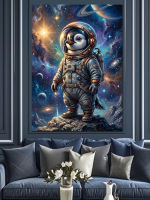 Karizma Tablo Uzay Boşluğunda Süzülen Astronot Penguen Dekoratif Kanvas - Mdf Ahşap Tablo