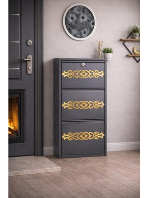 Arinna 3'lü Kilitli Antrasit Gold Desenli Metal Ayakkabılık