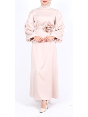 Modamorfo Balon Kol Kemerli Taşlı Saten Elbise  -Bej