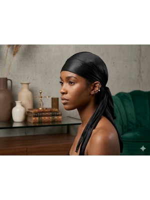 Siyah Durag Bandana - Dalga Belirginleştirici Saten Başlık