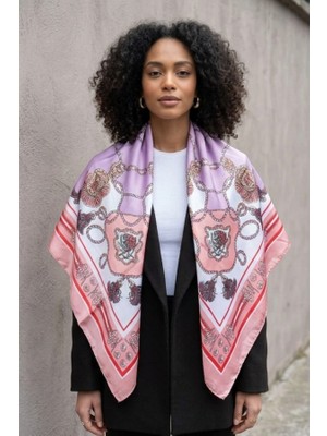 Pembe Renk Karışık Desenli Saten Şal/fular