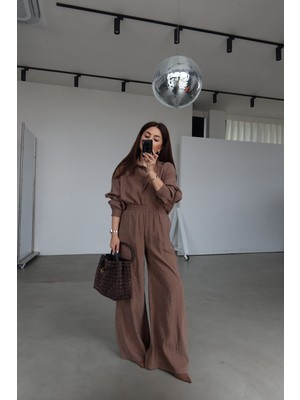 Özge Özgenç Taş Baskılı Premium Gömlek Pantolon Takım