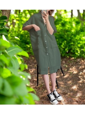 Yazlık Cep Detaylı Salaş Keten Elbise