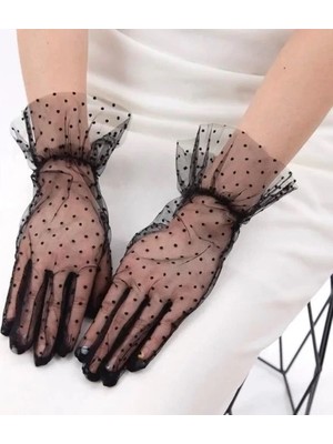 Nexgen Kısa Güpürlü Siyah Puantiyeli Tül Eldiven