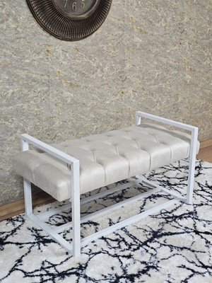 Sevinç Mobilya Beyaz Boyalı Metal 80 cm Puf Bench - Antre Puf - Hol Bench - Puf - Oturak - Bench