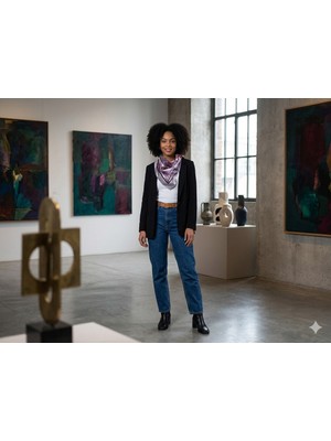 Renkli Desenli Ipek Saten Şal - Özel Tasarım