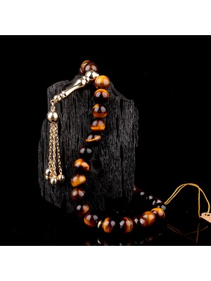 İskender Tesbih Kaplan Gözü Doğal Taşlı Altın Tesbih