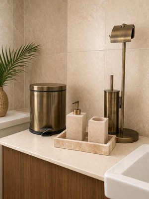 DMR Home Antik Gold Pirinç Banyo Aksesuar Seti – Traverten Tepsi, Sıvı Sabunluk, Diş Fırçalık, Wc Fırçası ve Çöp Kovası Seti