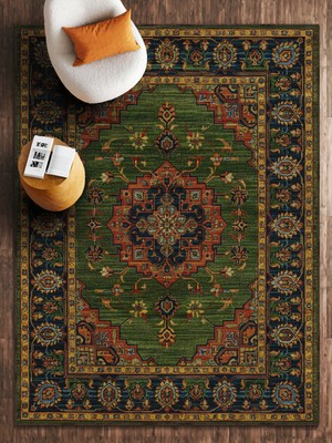 HALIZZON Zümrüt Yeşili Saray Tipi Klasik Desenli Dijital Baskı Halı Salon Halısı