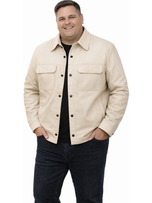 Viamod Leather Büyük Beden Erkek Bej Hakiki Deri Gömlek Ceket – Çift Cepli Modern Tasarım 19060