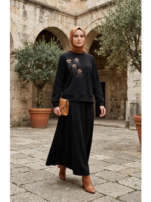 Sefa Merve Çiçek Nakışlı Taşlı Ikili Takım 0255-02 Siyah