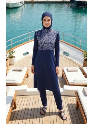 Etnik Desenli Likralı Tesettür Mayo 2313-02 Lacivert