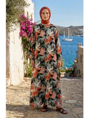 Desenli Düğmeli Kolu Lastikli Elbise 0251-02 Haki Somon