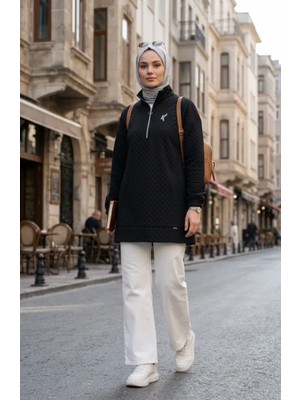 Sefa Merve Dik Yaka Kapitone Sweatshirt 71227-01 Siyah