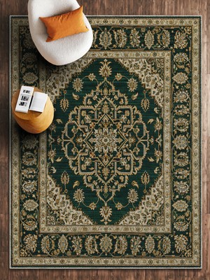 HALIZZON Koyu Yeşil Büyük Madalyonlu Klasik Dijital Baskı Halı Dekoratif Salon Halısı