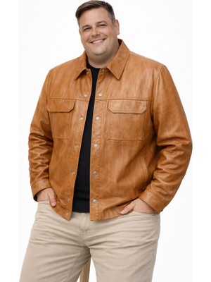 Viamod Leather Büyük Beden Erkek Taba Hakiki Deri Gömlek Ceket – Çift Cepli Modern Tasarım 19060