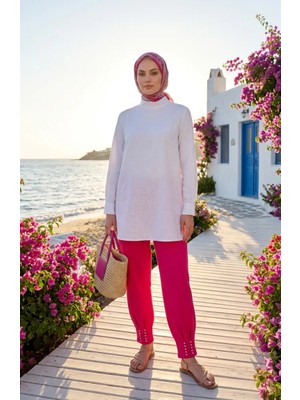 Sefa Merve Beli Lastikli Paçası Taşlı Pantolon 71101-02 Fuşya