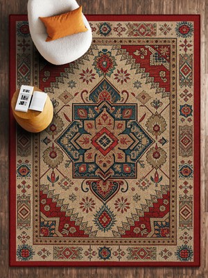 HALIZZON Klasik Krem Kırmızı Madalyon Desenli Dijital Baskı Halı Salon Halısı