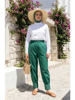 Sefa Merve Beli Lastikli Paçası Taşlı Pantolon 71101-05 Yeşil