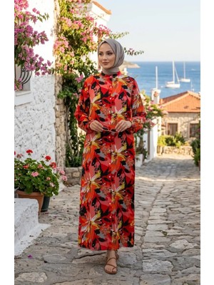 Desenli Düğmeli Kolu Lastikli Elbise 0251-04 Kırmızı Oranj