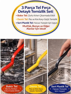 Open Home Concept 3’lü Tel Fırça Seti Bakır Demir Plastik Uçlu Detay Temizlik Fırçası Ocak Musluk Lavabo