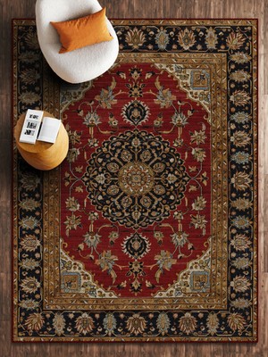 HALIZZON Kırmızı Altın Sarısı Detaylı Dijital Baskı Halı Kaymaz Taban Dekoratif Halı