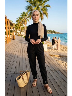 Sefa Merve Beli Lastikli Paçası Taşlı Pantolon 71101-01 Siyah